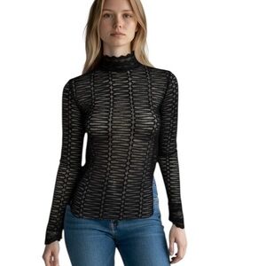 RETRO Black Sheer Mesh Lace Y2K Top High Neck Gothic Grunge Witchy‎ XS